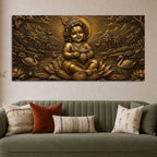 Little Krishna on Lotus with Butter Pot Metallic Look 3D Canvas Painting