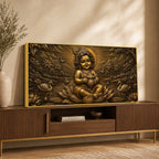 Little Krishna on Lotus with Butter Pot Metallic Look 3D Canvas Painting