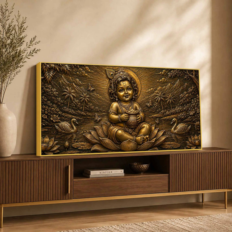 Little Krishna on Lotus with Butter Pot Metallic Look 3D Canvas Painting