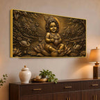 Little Krishna on Lotus with Butter Pot Metallic Look 3D Canvas Painting