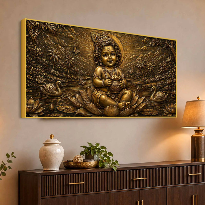 Little Krishna on Lotus with Butter Pot Metallic Look 3D Canvas Painting