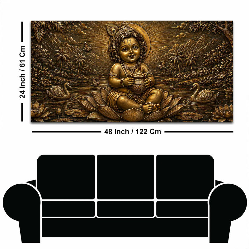 Little Krishna on Lotus with Butter Pot Metallic Look 3D Canvas Painting