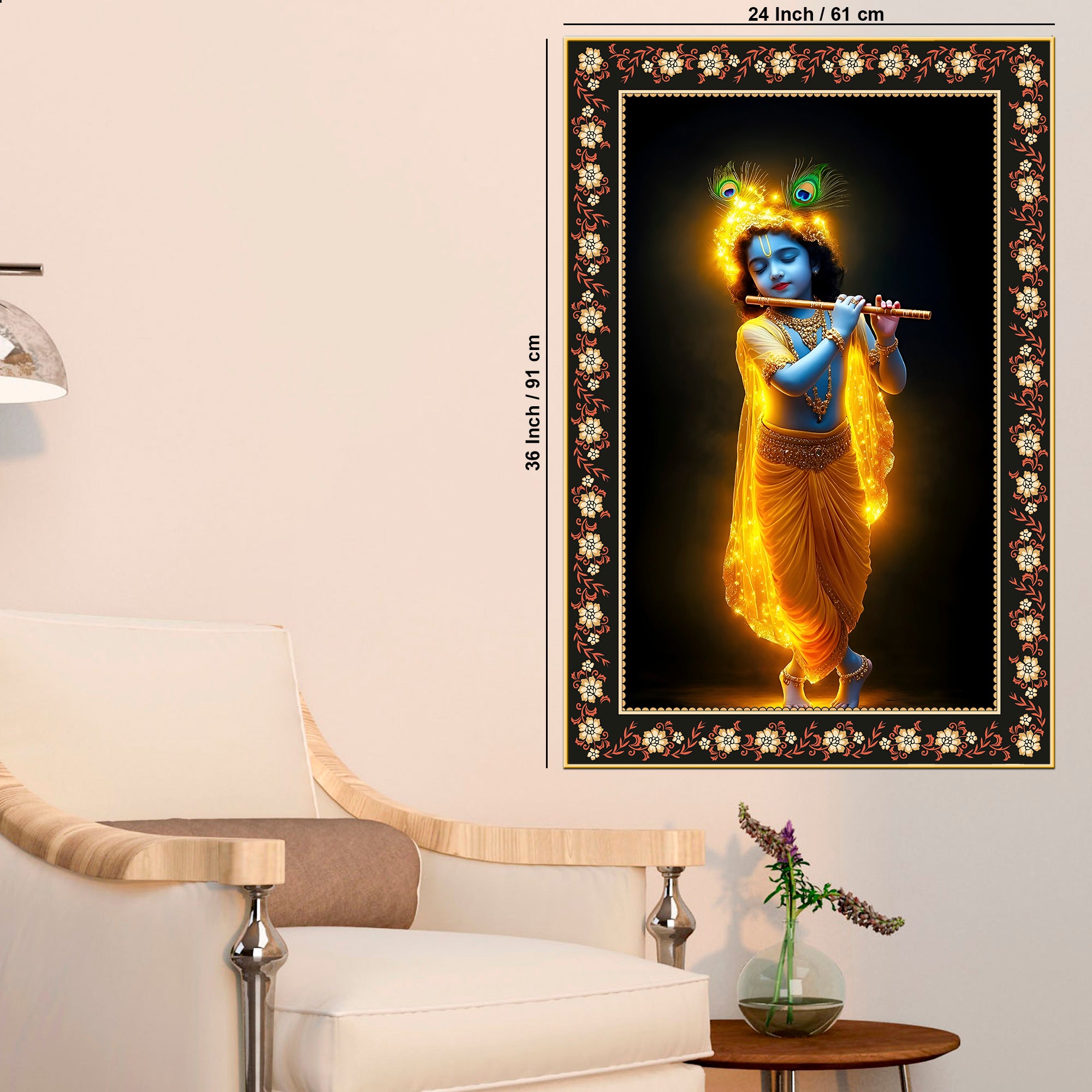 Little Krishna Playing Flute Floral Border Vertical Wall Painting