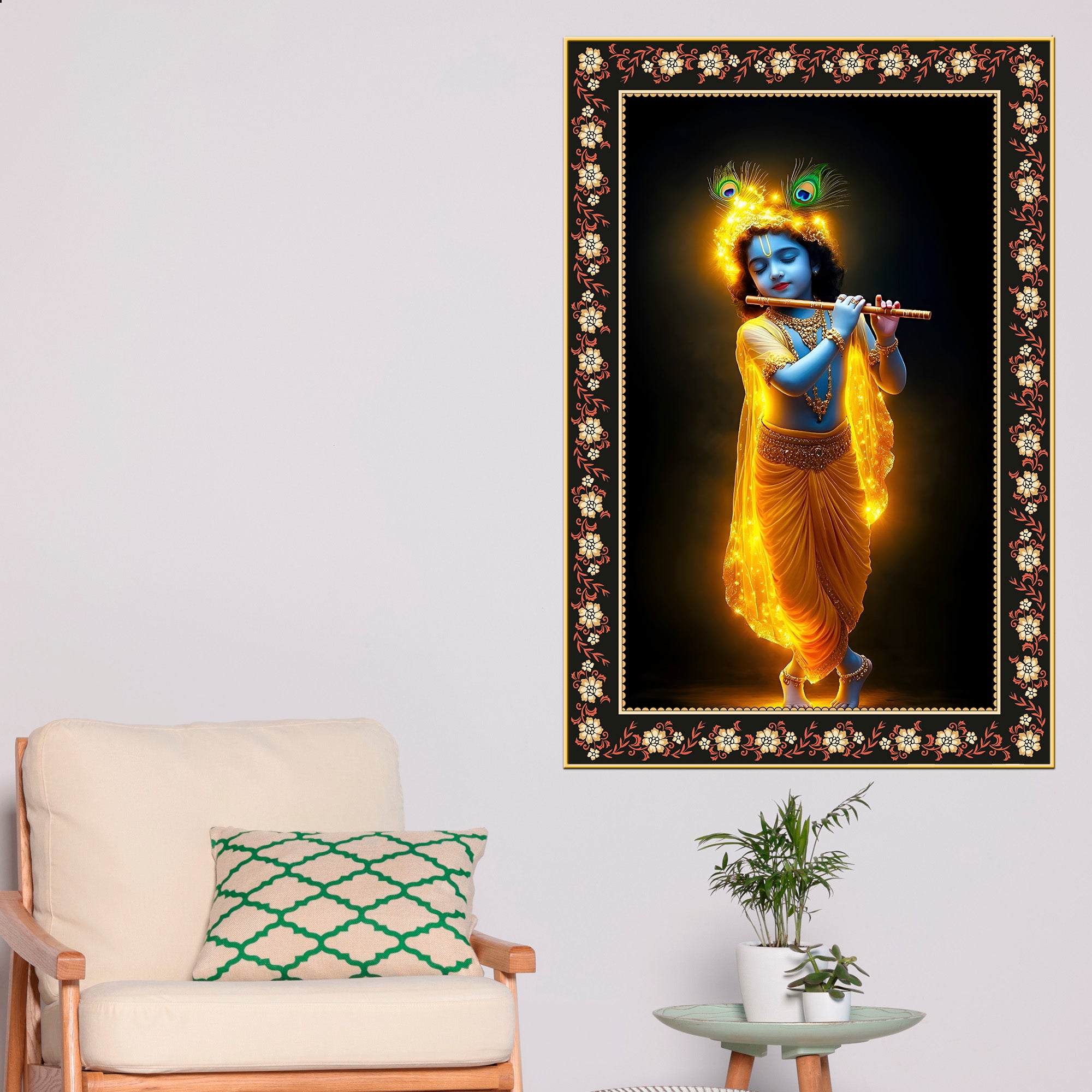 Little Krishna Playing Flute Floral Border Vertical Wall Painting