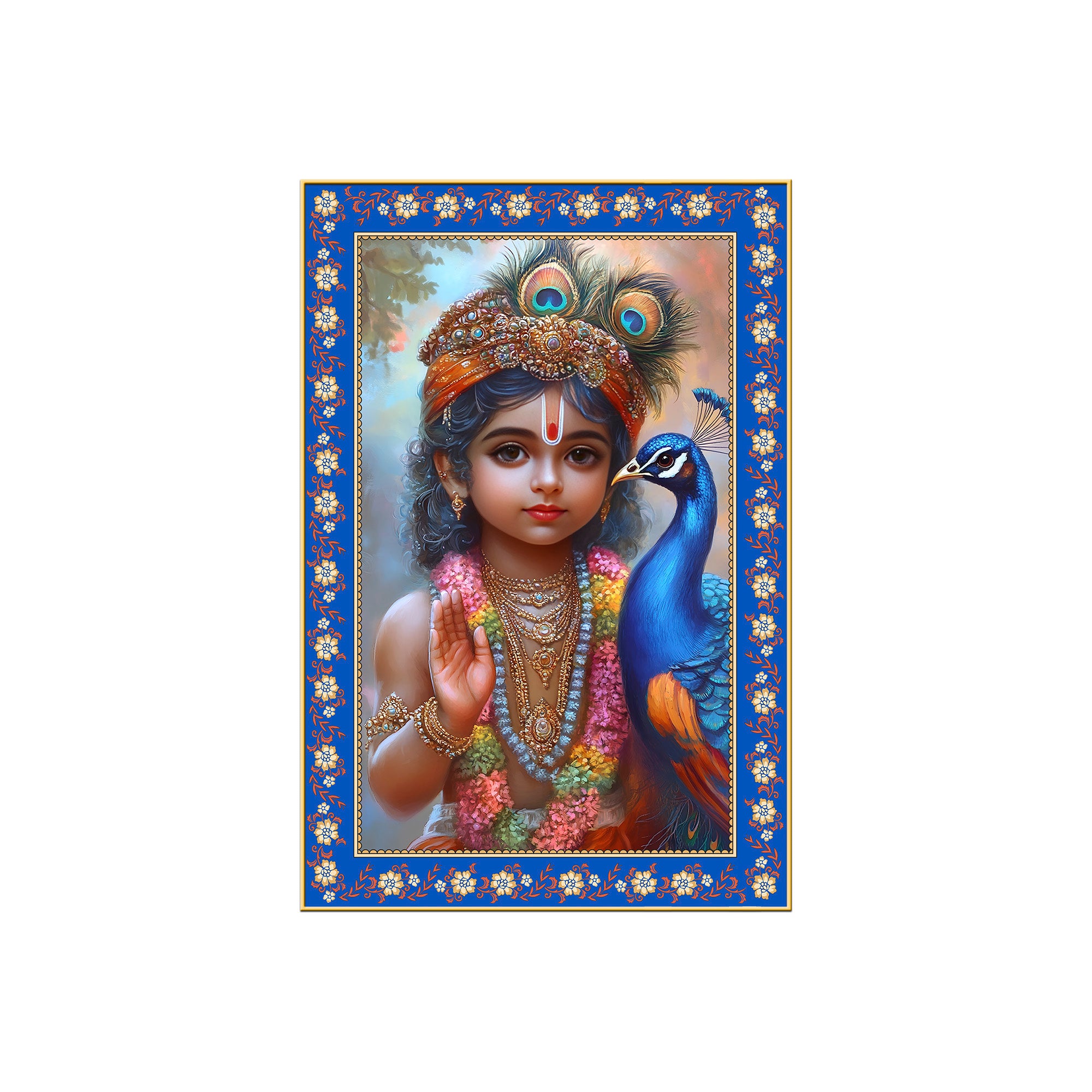 Little Krishna with Peacock Floral Border Vertical Wall Painting