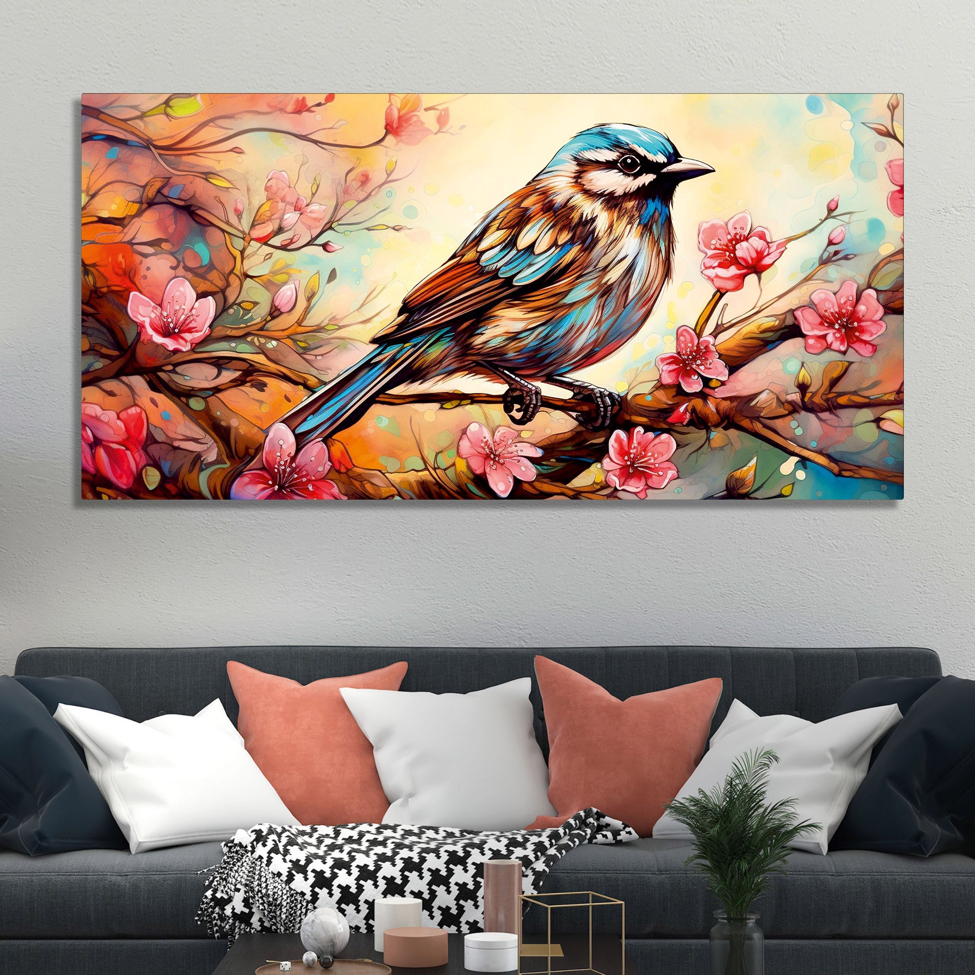 Little Sparrow with bright colored Flower Canvas Wall Painting