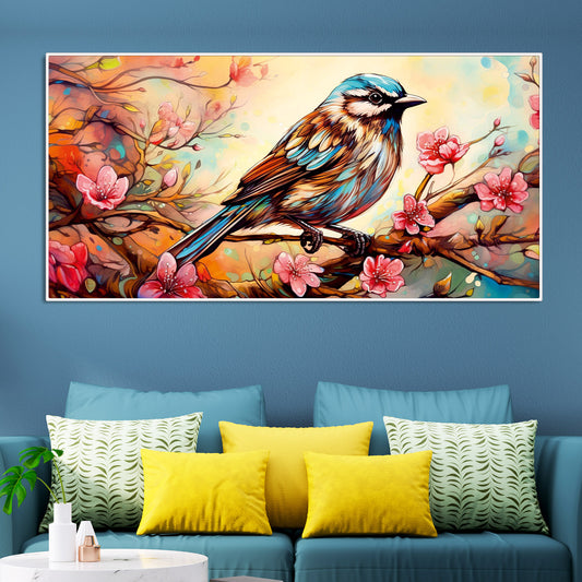 Little Sparrow with bright colored Flower Canvas Wall Painting