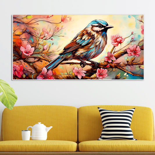 Little Sparrow with bright colored Flower Canvas Wall Painting