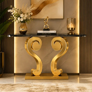 Vintage Inspired Scroll Console Table with Black Marble Finish