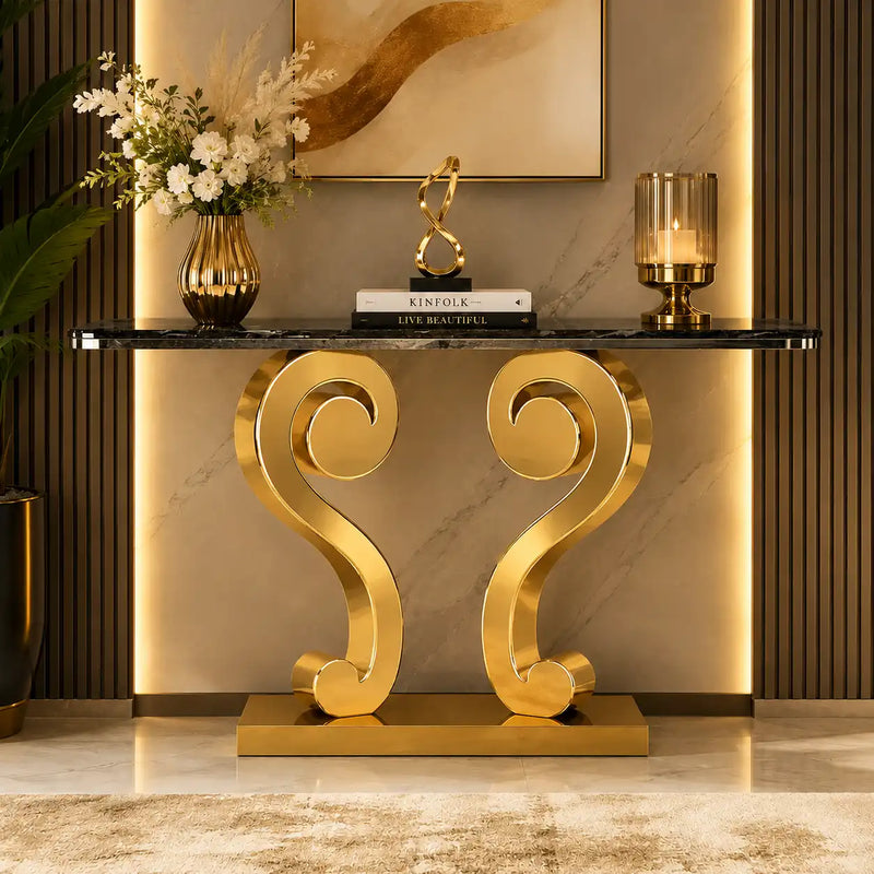 Vintage Inspired Scroll Console Table with Black Marble Finish