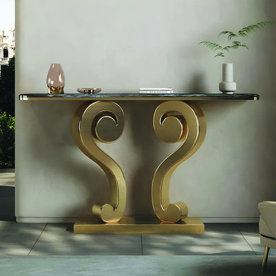 Vintage Inspired Scroll Console Table with Black Marble Finish