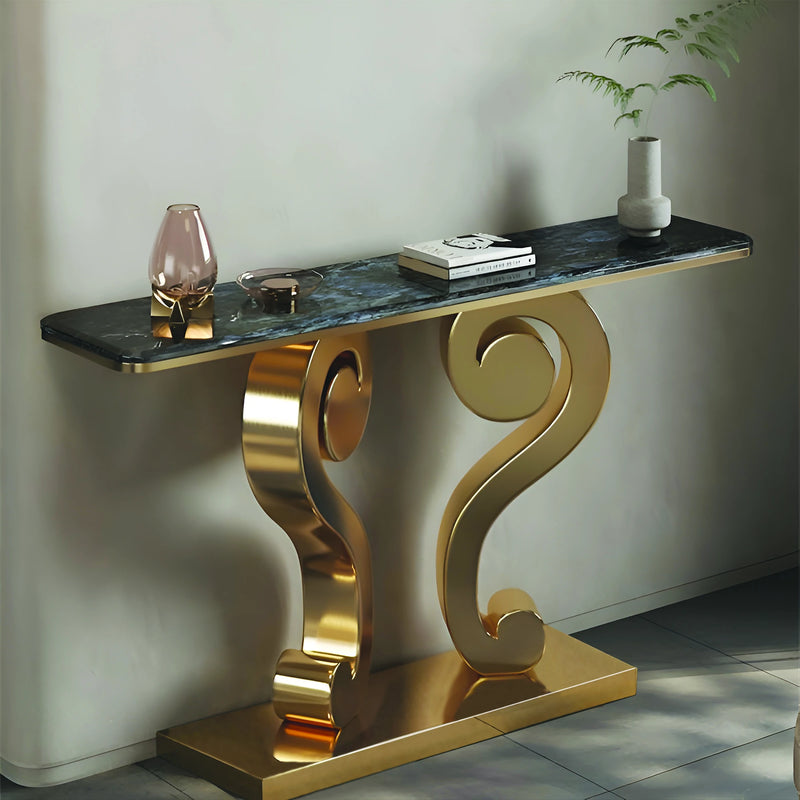 Vintage Inspired Scroll Console Table with Black Marble Finish