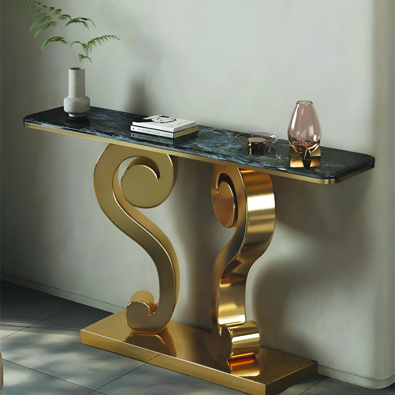 Vintage Inspired Scroll Console Table with Black Marble Finish