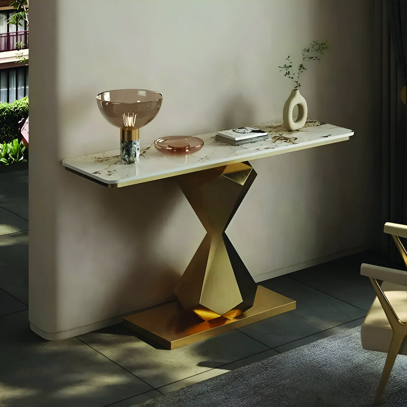 Hourglass Shape Console Table with Polished Gold Frame
