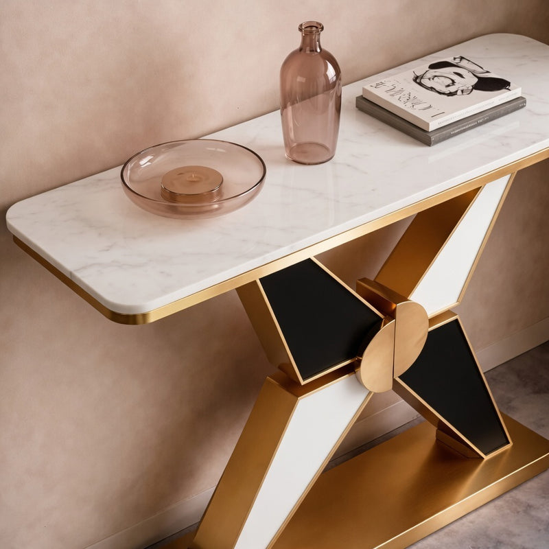 Long Hall Marble Console with Gold X Legs