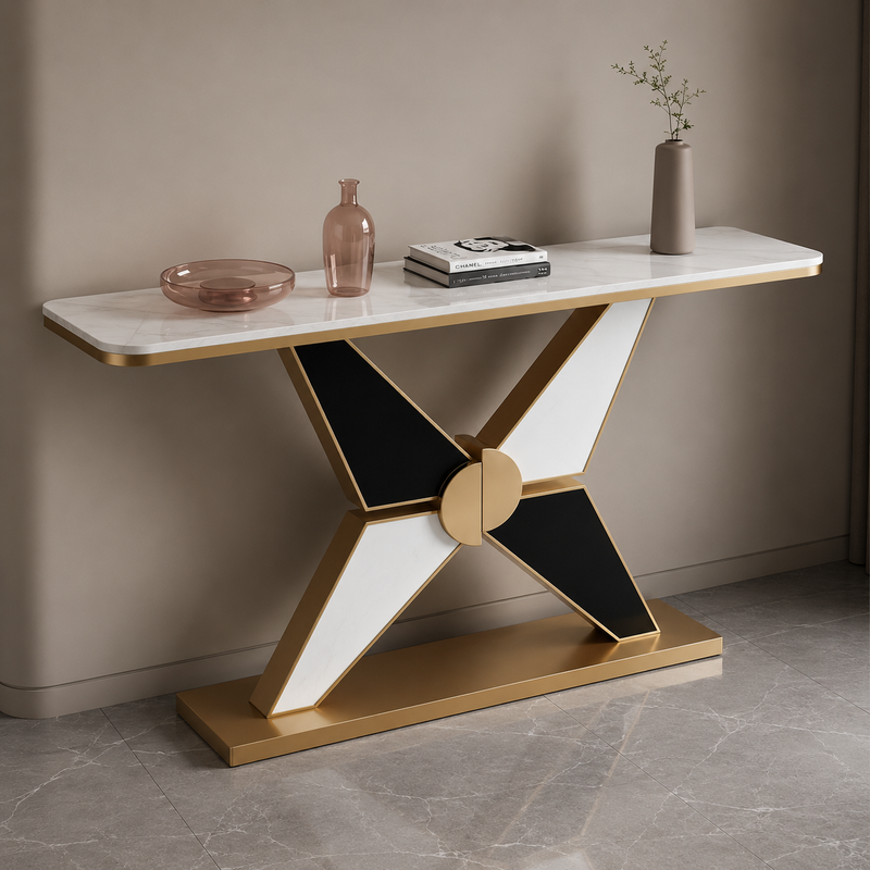 Long Hall Marble Console with Gold X Legs