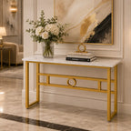 Long Narrow White Gold Marble Console Table