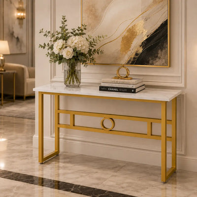 Long Narrow White Gold Marble Console Table