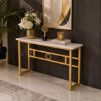 Long Narrow White Gold Marble Console Table