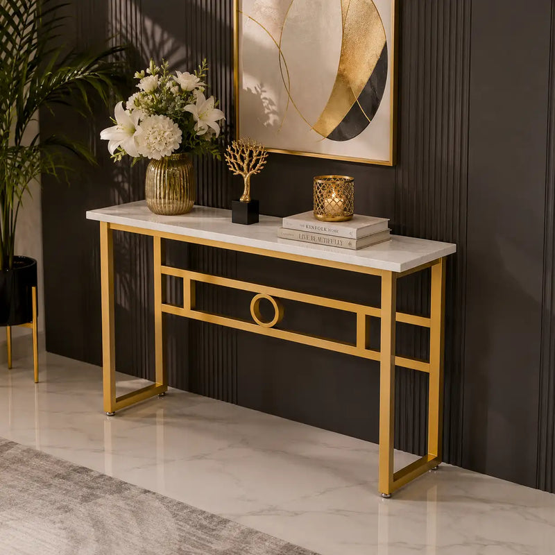 Long Narrow White Gold Marble Console Table