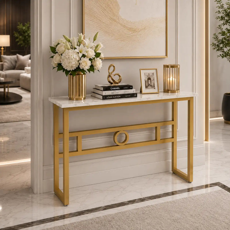 Long Narrow White Gold Marble Console Table