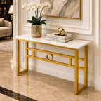 Long Narrow White Gold Marble Console Table