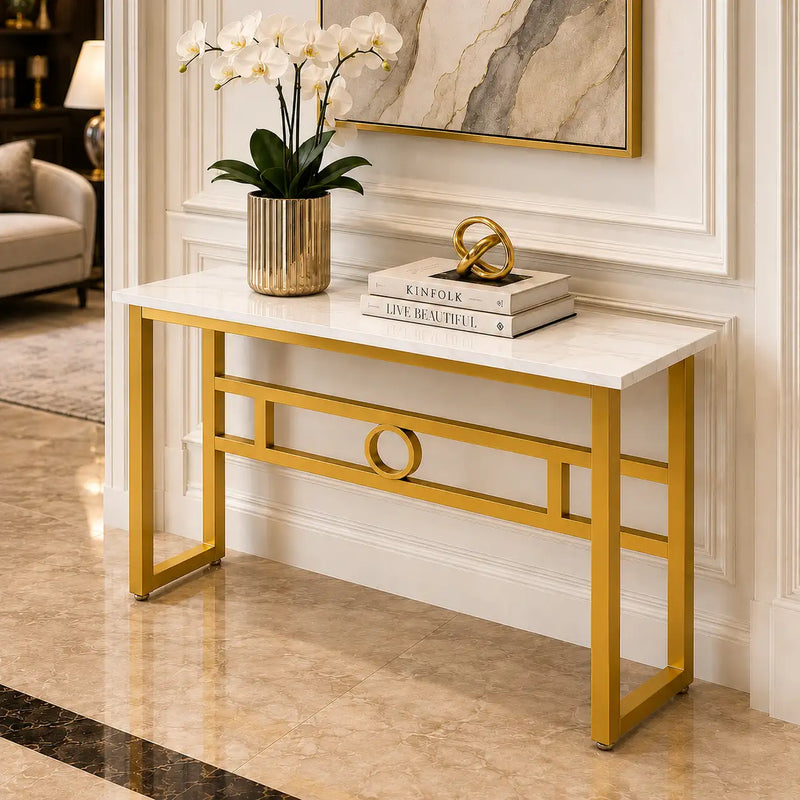 Long Narrow White Gold Marble Console Table