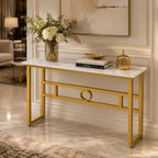 Long Narrow White Gold Marble Console Table