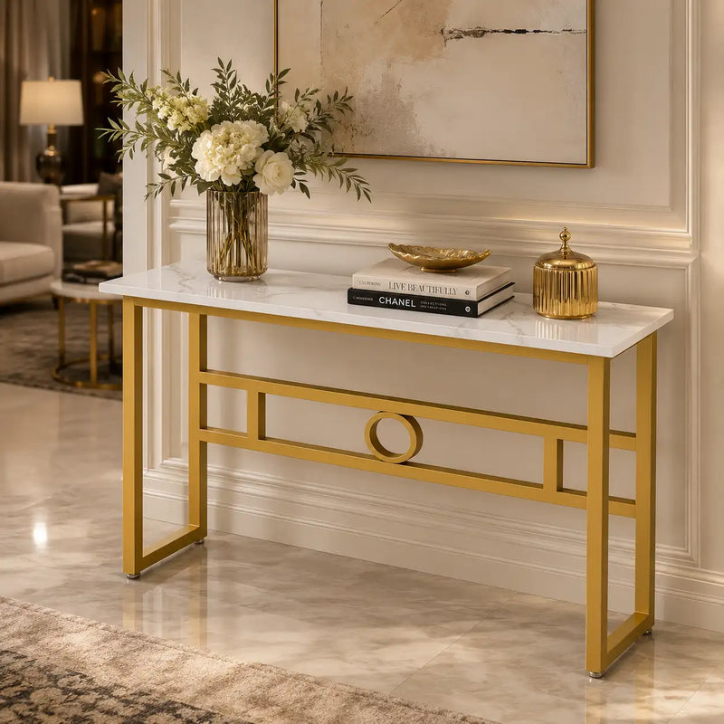 Long Narrow White Gold Marble Console Table