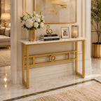 Long Narrow White Gold Marble Console Table