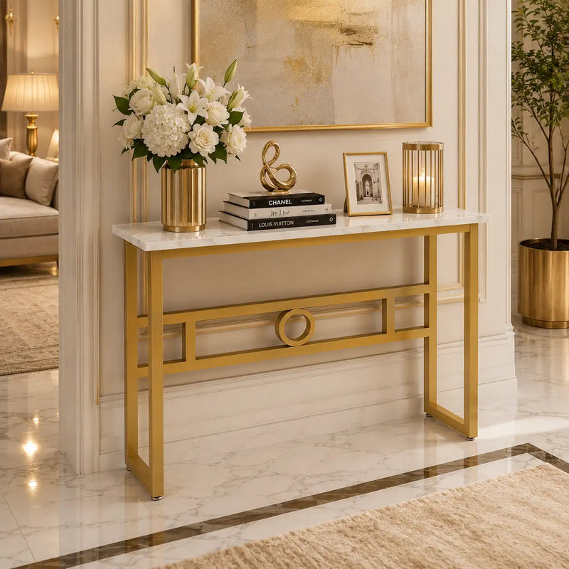 Long Narrow White Gold Marble Console Table