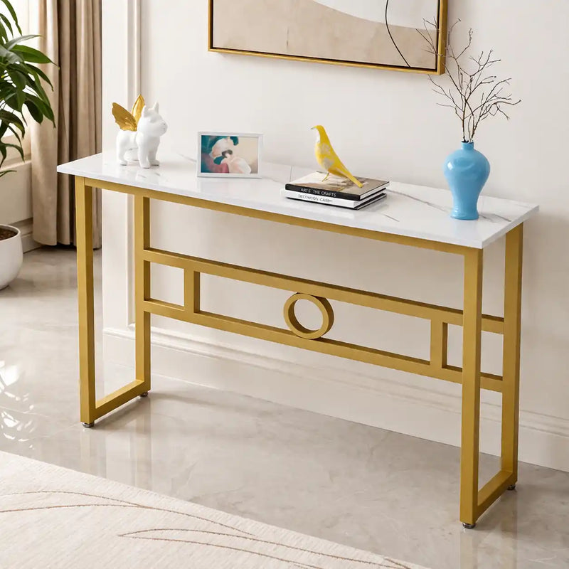 Long Narrow White Gold Marble Console Table