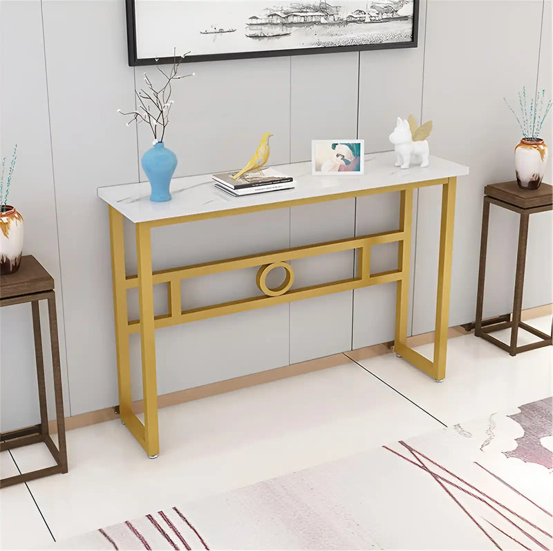 Long Narrow White Gold Marble Console Table