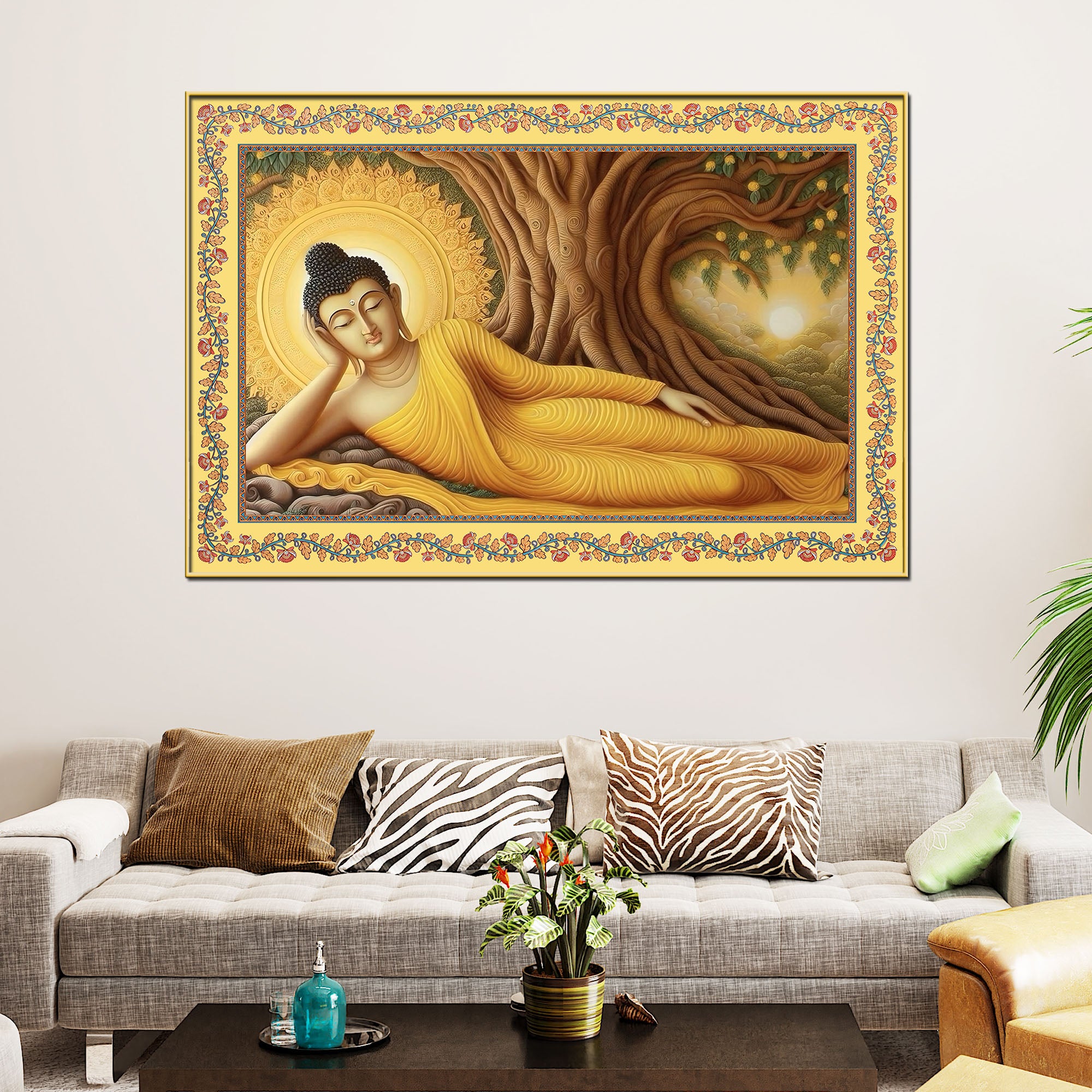 Lord Buddha in Reclining Posture Floral Border Canvas Wall Painting