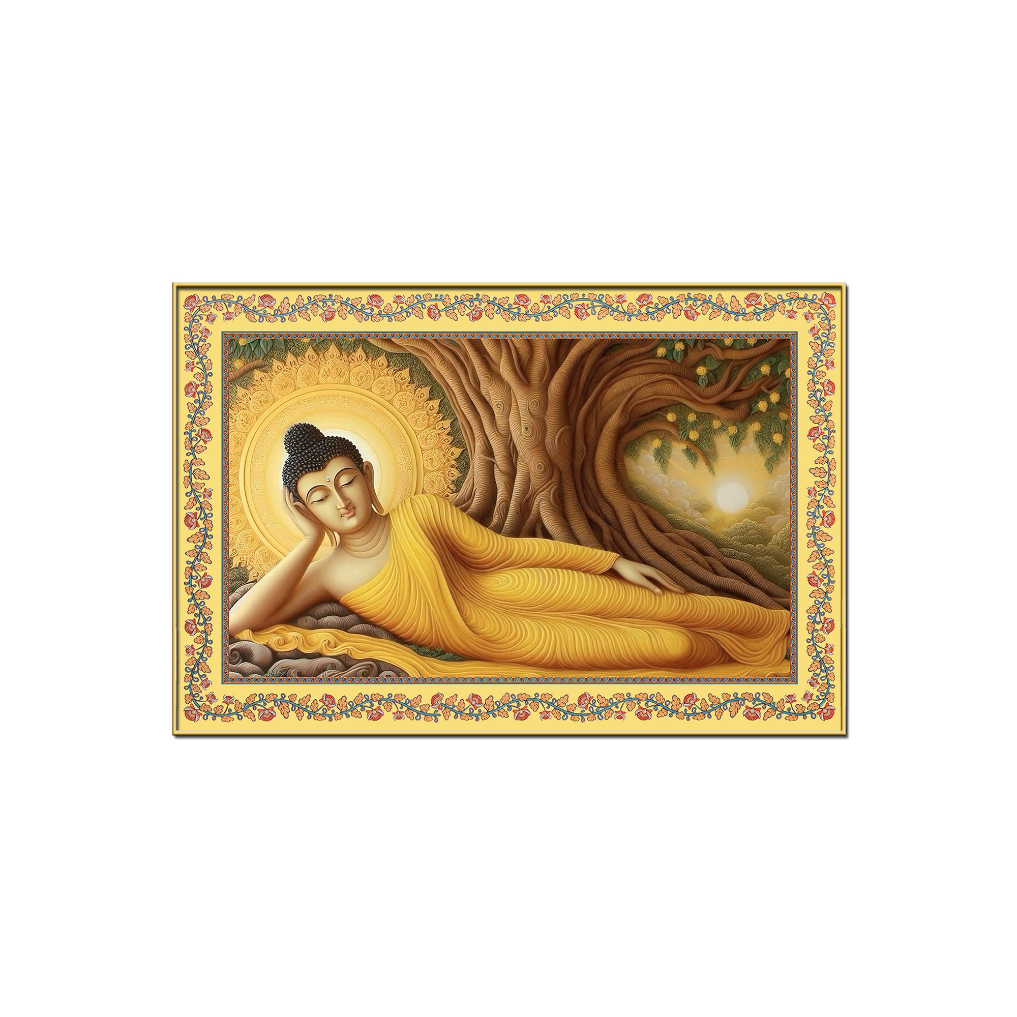 Lord Buddha in Reclining Posture Floral Border Canvas Wall Painting