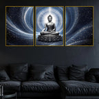 Lord Buddha Meditating in Cosmic Light Floating Frame Crystal Wall Painting Set of 3