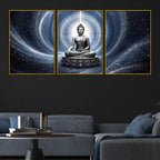 Lord Buddha Meditating in Cosmic Light Floating Frame Crystal Wall Painting Set of 3