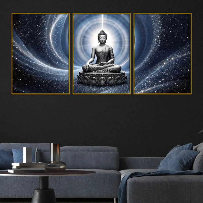 Lord Buddha Meditating in Cosmic Light Floating Frame Crystal Wall Painting Set of 3