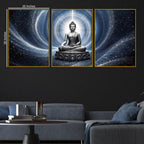 Lord Buddha Meditating in Cosmic Light Floating Frame Crystal Wall Painting Set of 3