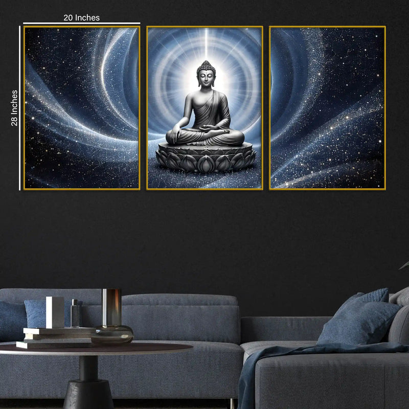 Lord Buddha Meditating in Cosmic Light Floating Frame Crystal Wall Painting Set of 3