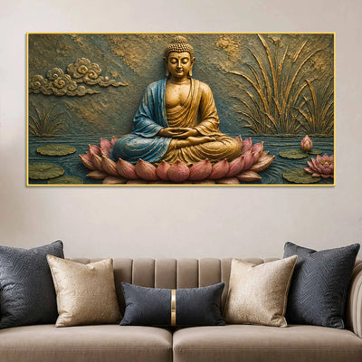 Lord Buddha Meditating on Lotus 3D Bas-Relief Type Canvas Wall Painting