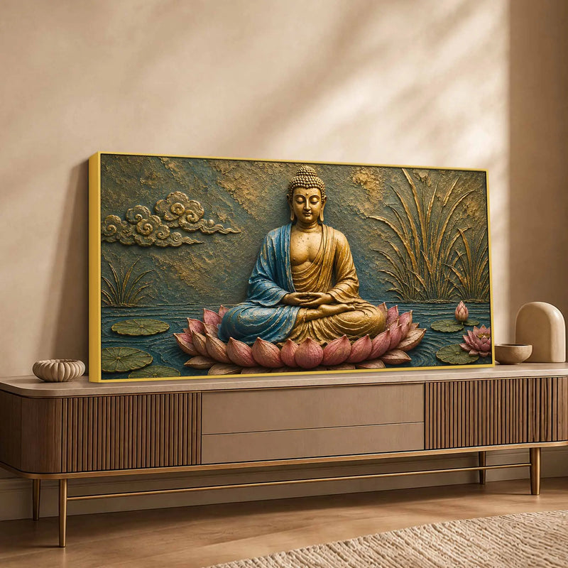 Lord Buddha Meditating on Lotus 3D Bas-Relief Type Canvas Wall Painting