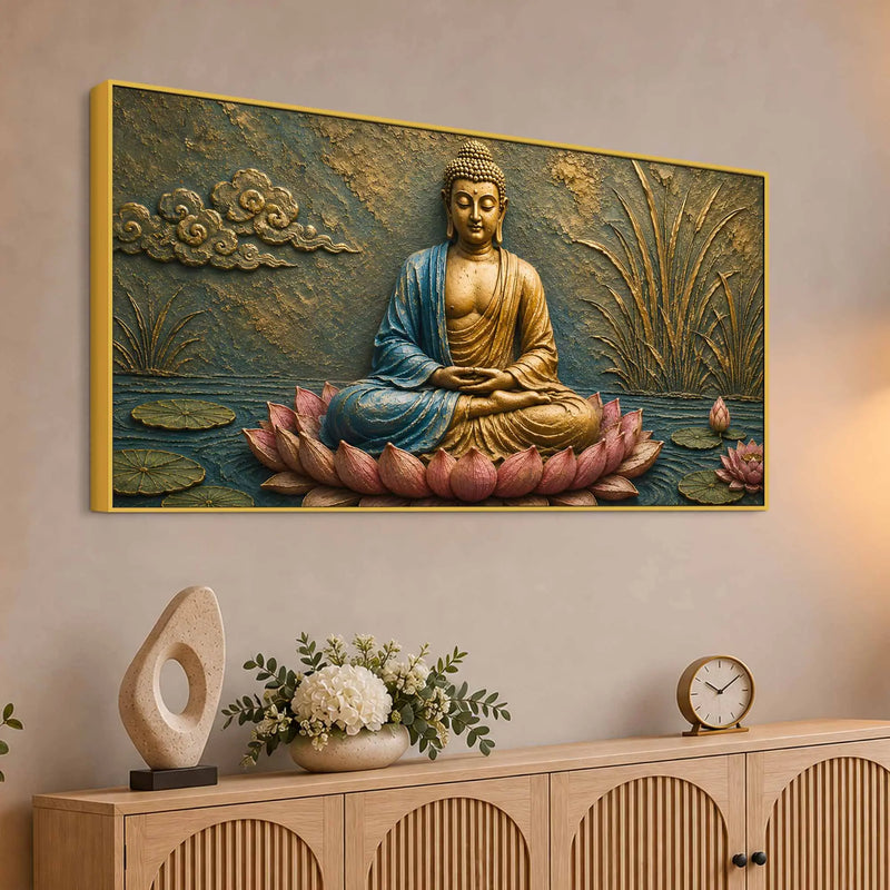 Lord Buddha Meditating on Lotus 3D Bas-Relief Type Canvas Wall Painting