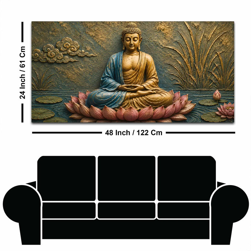 Lord Buddha Meditating on Lotus 3D Bas-Relief Type Canvas Wall Painting