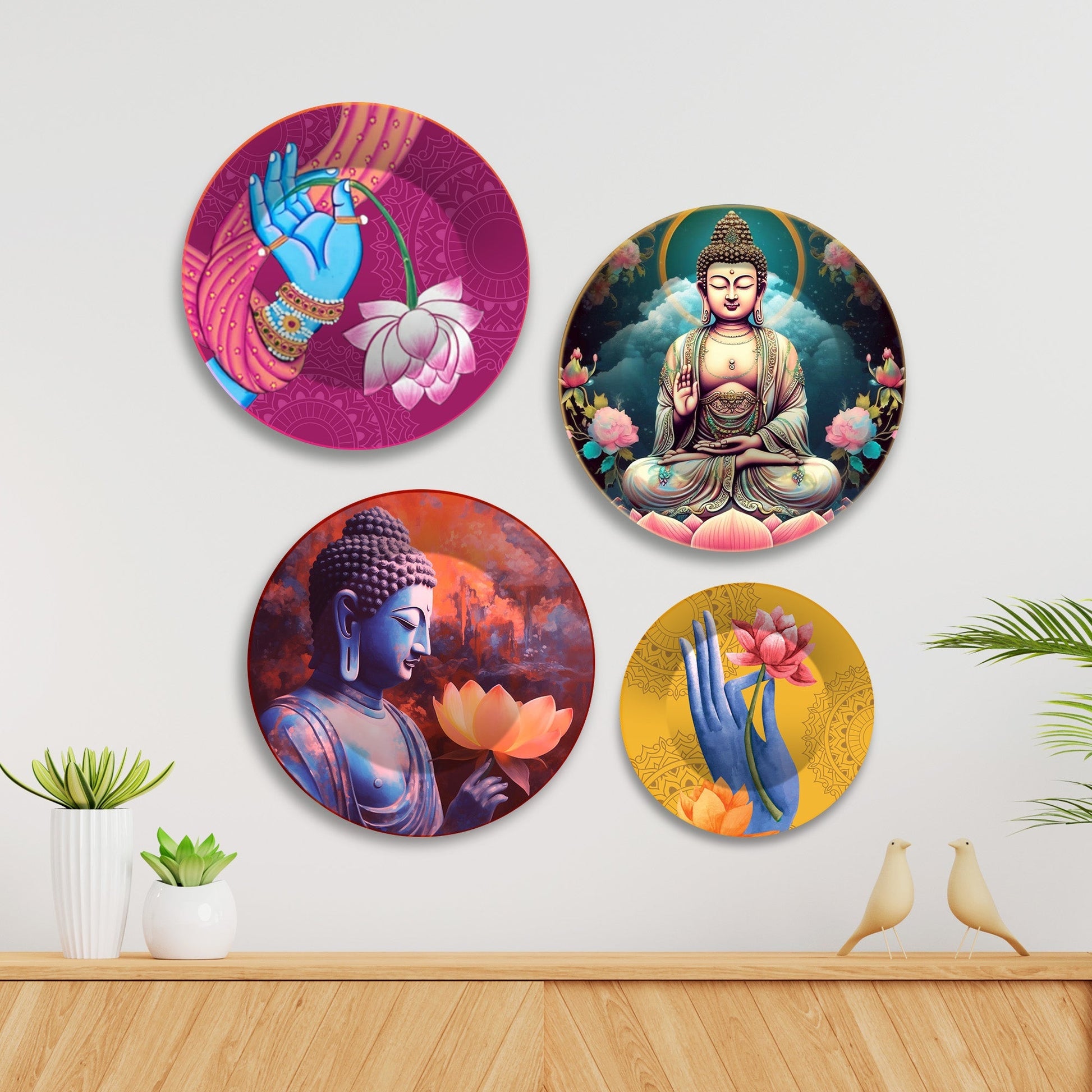 Lord Buddha Meditating Premium Wall Plates Painting Set of Four