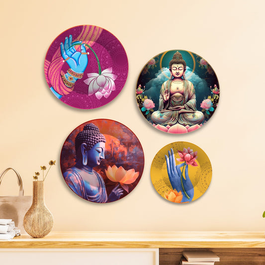 Lord Buddha Meditating Premium Wall Plates Painting Set of Four