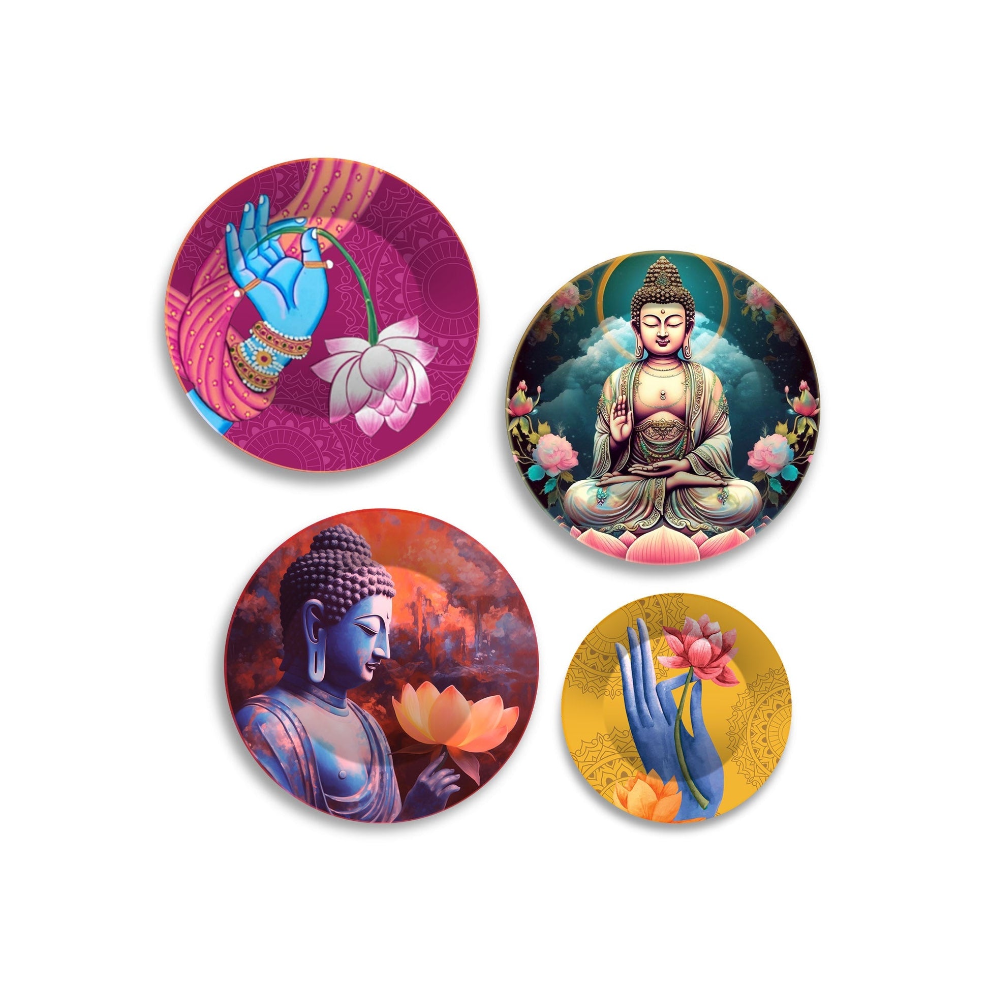 Lord Buddha Meditating Premium Wall Plates Painting Set of Four