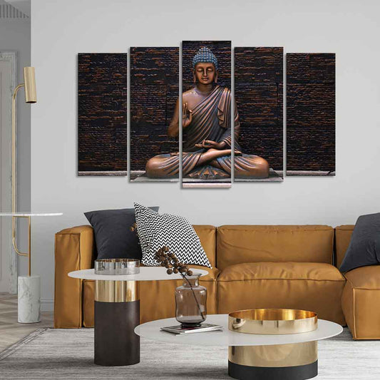 Lord Buddha Meditating Statue Canvas Wall Painting Set of Five