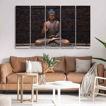 Lord Buddha Meditating Statue Set of Five Canvas Wall Painting