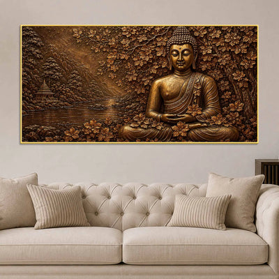 Lord Buddha Under Sacred Bodhi Tree Metallic Look 3D Canvas Wall Painting